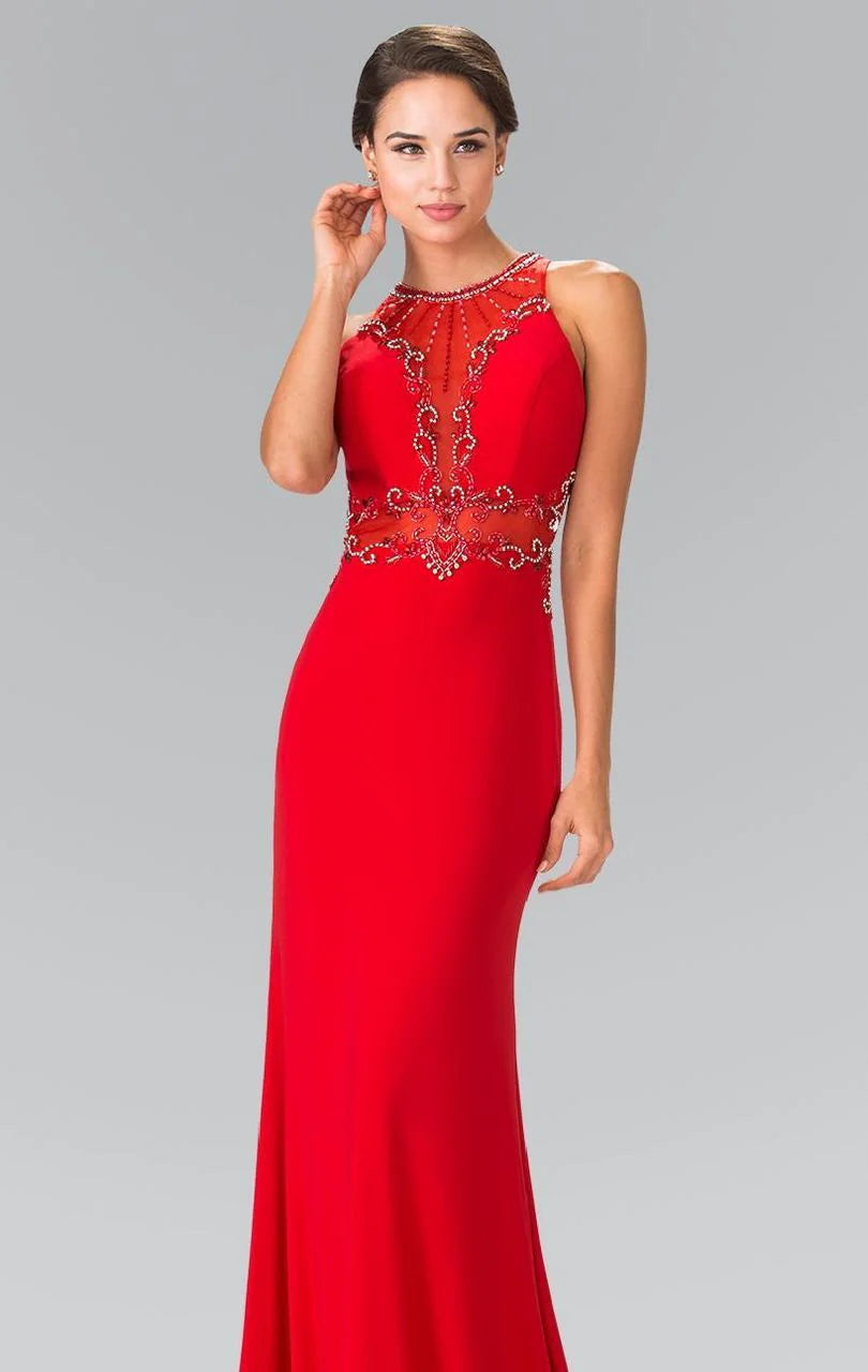 Bold Mermaid Halter-Neck Sleeveless Sheer-Back Red Beaded-Chiffon Floor-Length Mother of the Bride Dresses
