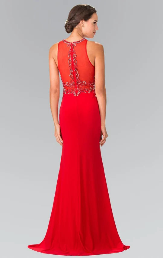 Bold Mermaid Halter-Neck Sleeveless Sheer-Back Red Beaded-Chiffon Floor-Length Mother of the Bride Dresses