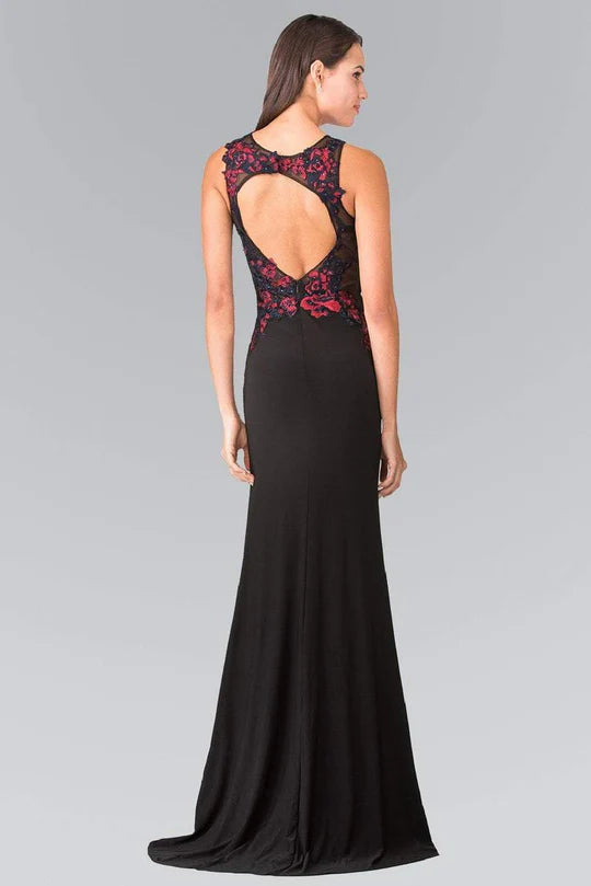 Bold Mermaid Illusion-Neck Sleeveless Cut-Out-Back Black Floral-Embroidered Floor-Length Mother of the Bride Dresses