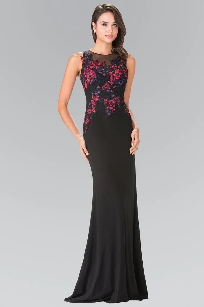 Bold Mermaid Illusion-Neck Sleeveless Cut-Out-Back Black Floral-Embroidered Floor-Length Mother of the Bride Dresses