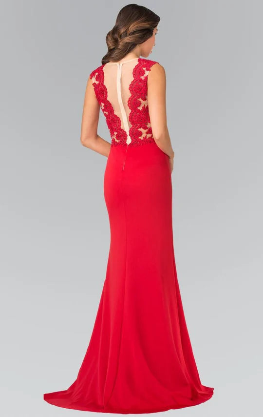 Bold Mermaid Illusion-Neck Sleeveless Cut-Out-Back Red Lace-Chiffon Floor-Length Mother of the Bride Dresses
