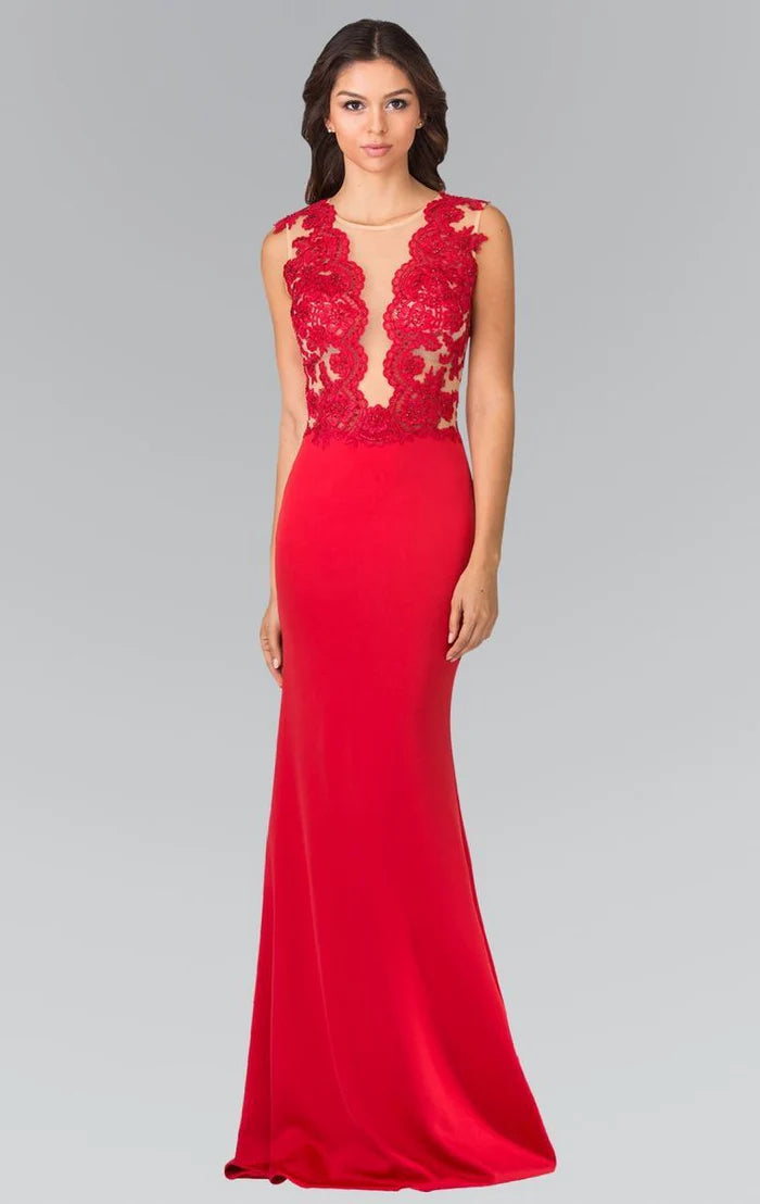 Bold Mermaid Illusion-Neck Sleeveless Cut-Out-Back Red Lace-Chiffon Floor-Length Mother of the Bride Dresses