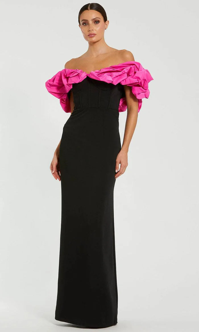 Bold Mermaid Off-Shoulder Ruffle-Sleeve-Zip-Back Black & Fuchsia Crepe Floor-Length Mother of the Bride Dresses