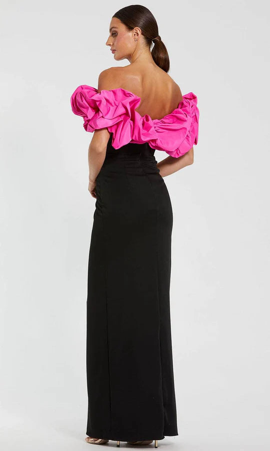 Bold Mermaid Off-Shoulder Ruffle-Sleeve-Zip-Back Black & Fuchsia Crepe Floor-Length Mother of the Bride Dresses