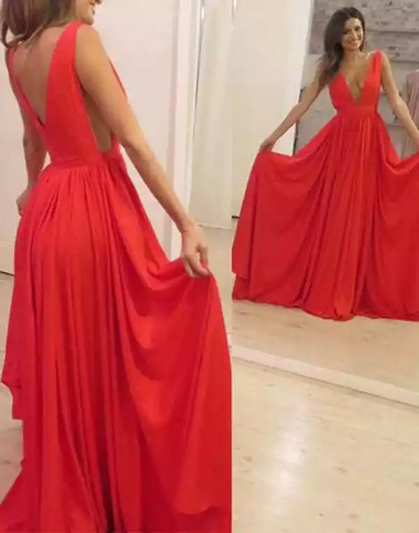 Bold Crimson Red Chiffon Gown with Deep V-Neck & Open Back