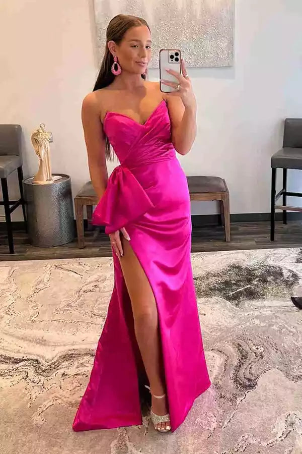 Bold Fuchsia Satin Gown with Strapless Sweetheart Neckline & Statement Bow