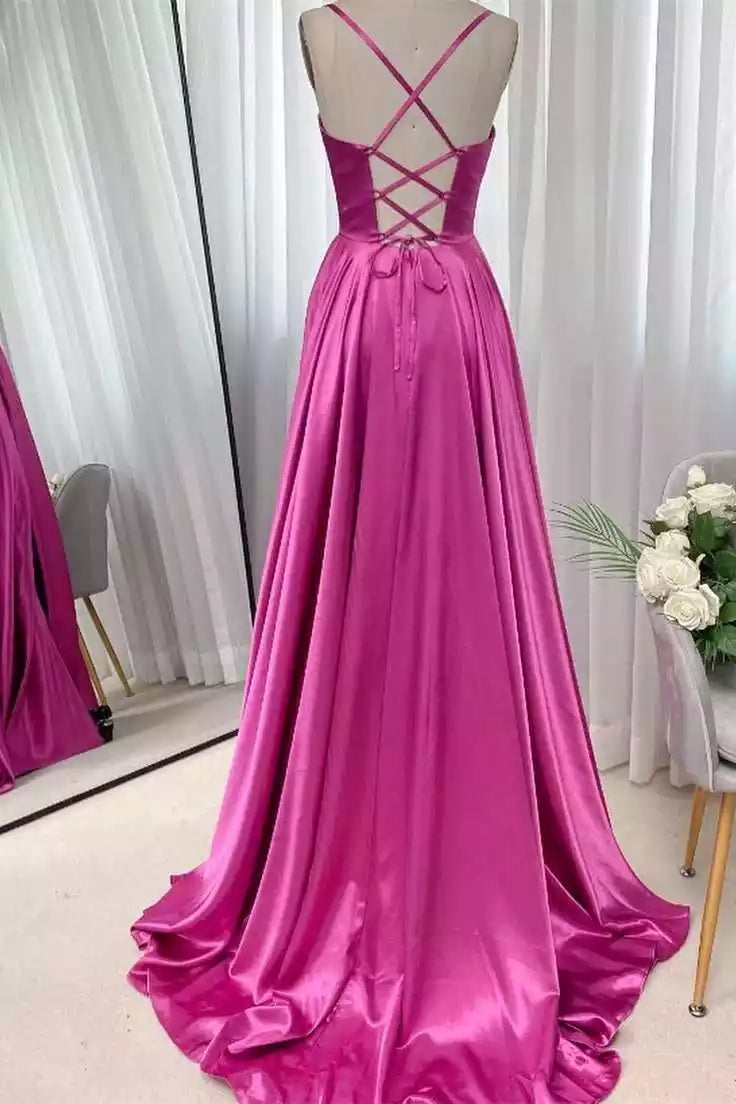 Bold Magenta Satin A-Line Gown with Crisscross Back & Draped Bodice