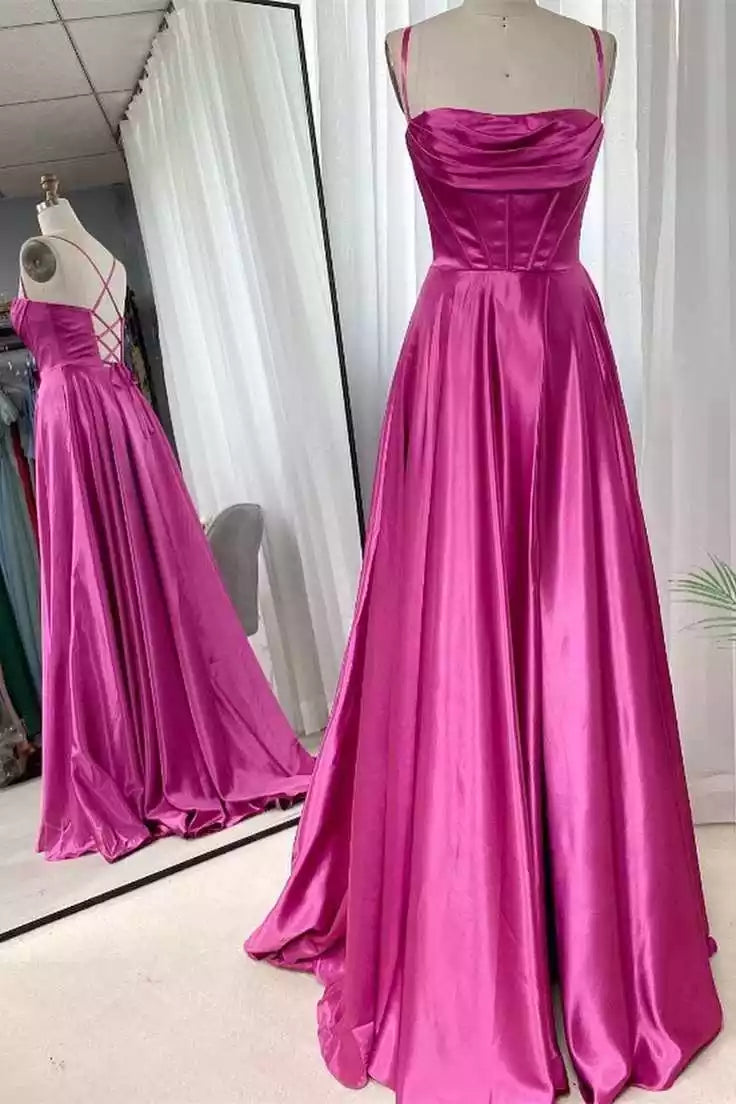 Bold Magenta Satin A-Line Gown with Crisscross Back & Draped Bodice