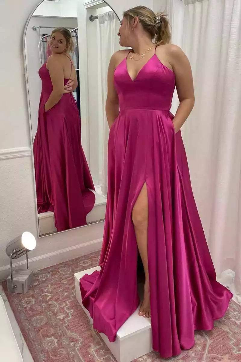 Bold Magenta Satin Gown with Halter Neck, Crisscross Back & Side Slit