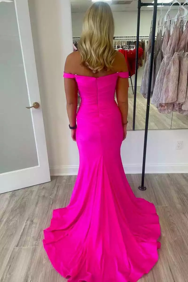 Bold Neon Pink Mermaid Gown with Off-the-Shoulder Neckline & Flowing Train