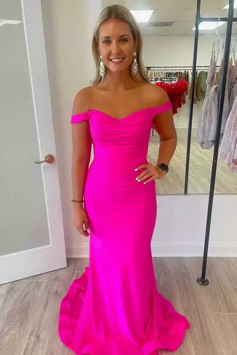Bold Neon Pink Mermaid Gown with Off-the-Shoulder Neckline & Flowing Train