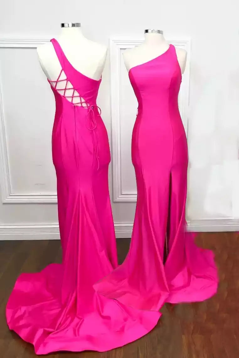 Bold Neon Pink Satin One-Shoulder Mermaid Gown with Lace-Up Back