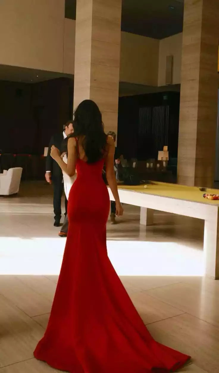Bold Red Satin Mermaid Gown with Spaghetti Straps & Trailing Train