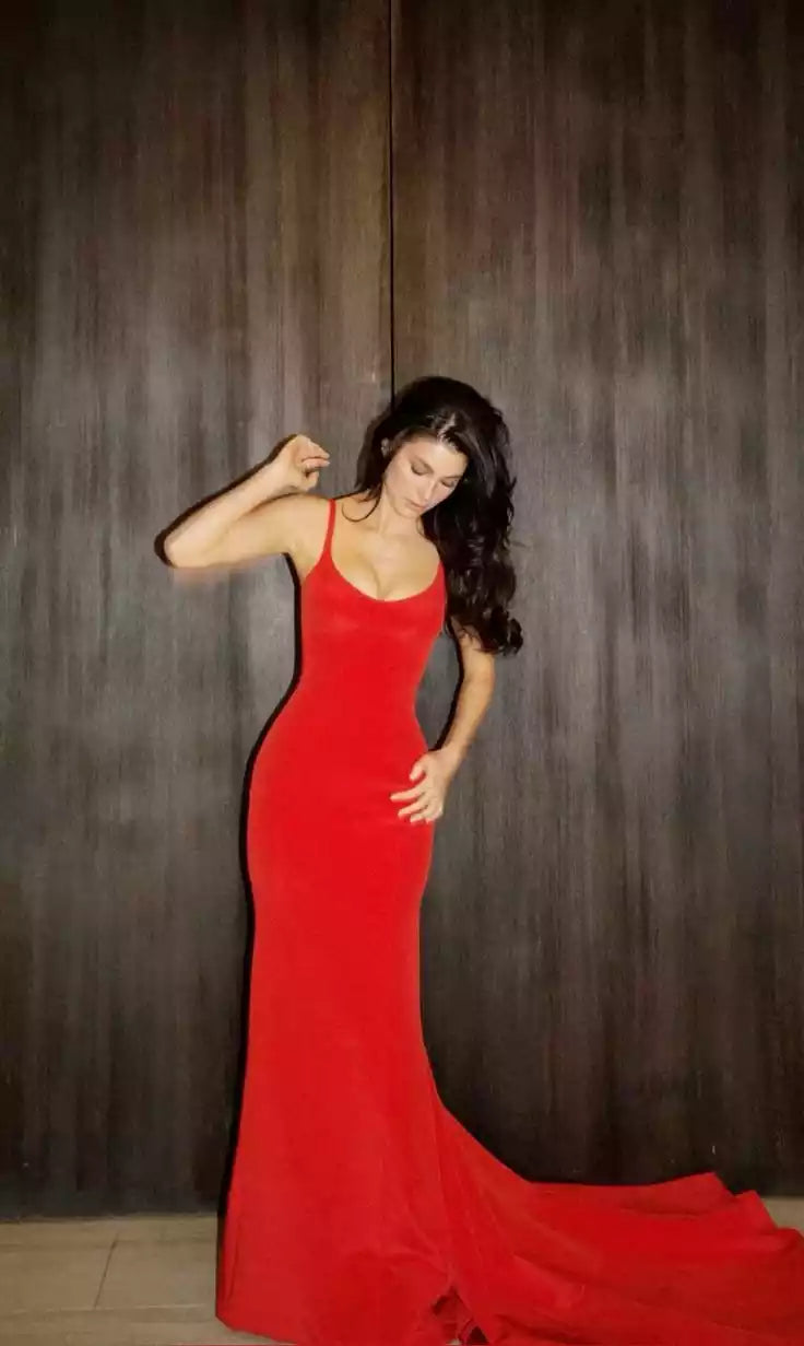 Bold Red Satin Mermaid Gown with Spaghetti Straps & Trailing Train