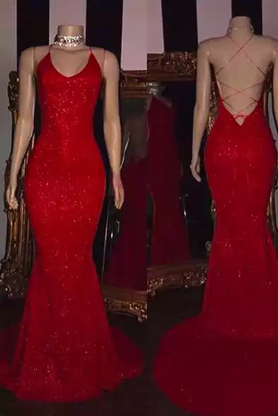 Bold Red Sequin Mermaid Gown with Halter Neck & Crisscross Back