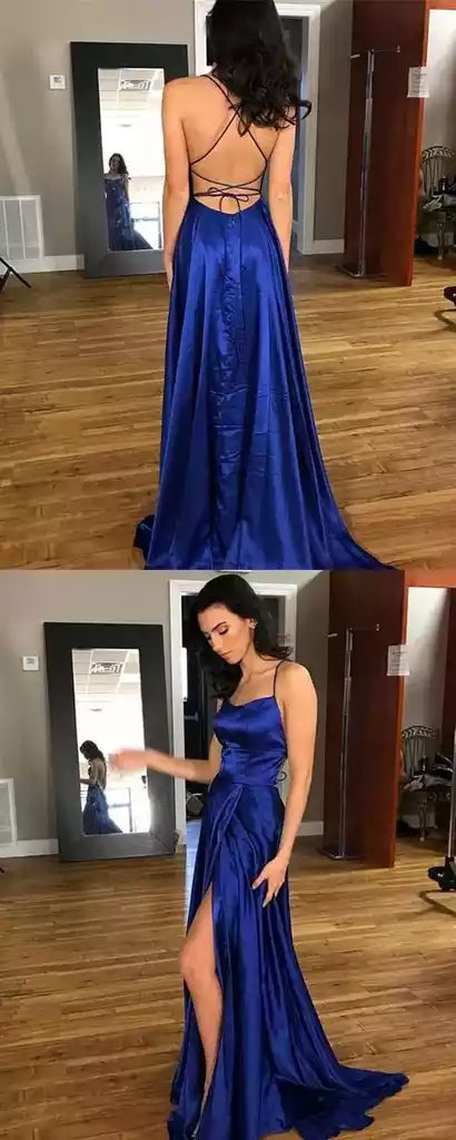 Bold Royal Blue Satin Gown with Crisscross Open Back & High Slit