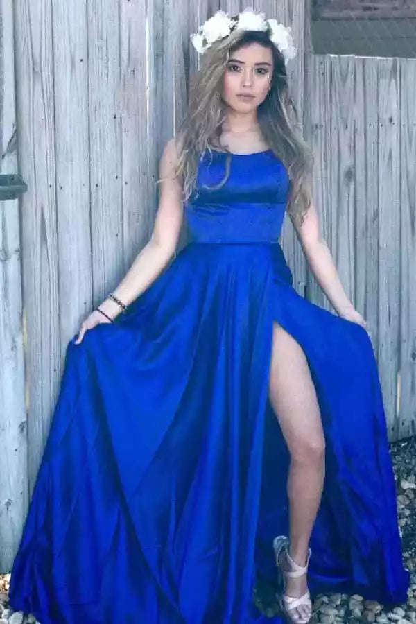 Bold Royal Blue Satin Gown with Crisscross Open Back & Thigh-High Slit