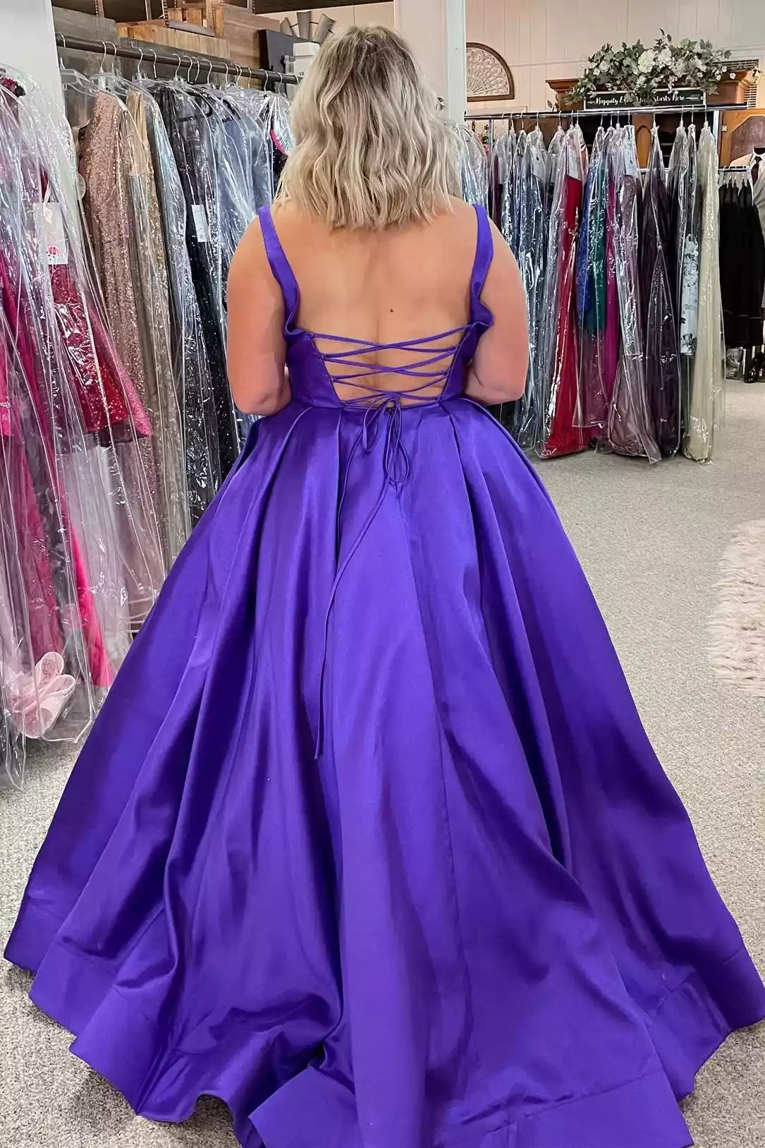 Bold Royal Purple Satin Ballgown with Crisscross Back & Square Neckline