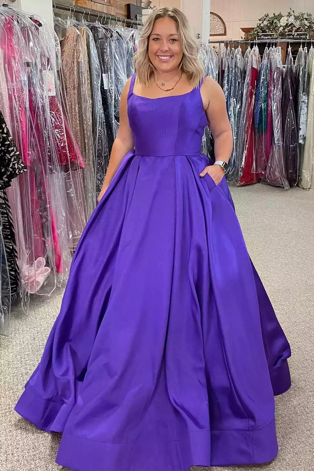 Bold Royal Purple Satin Ballgown with Crisscross Back & Square Neckline