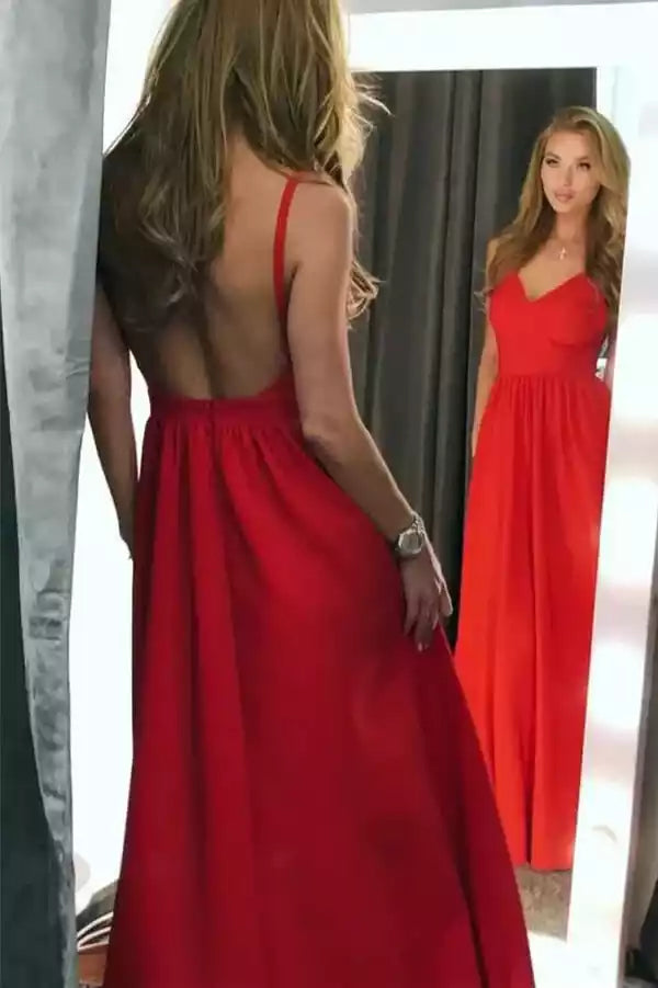 Bold Scarlet Chiffon Gown with Spaghetti Straps & Open Back