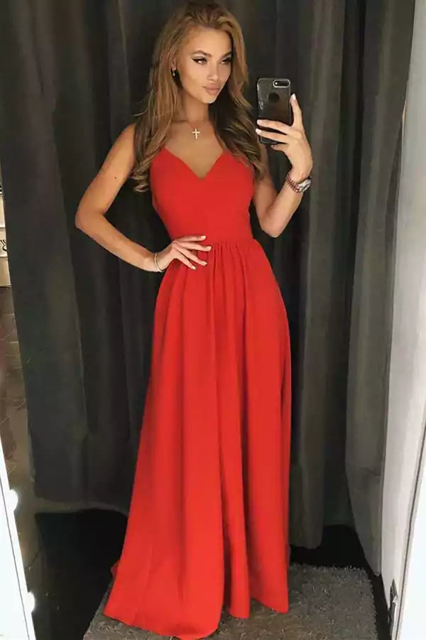 Bold Scarlet Chiffon Gown with Spaghetti Straps & Open Back
