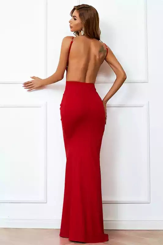 Bold Scarlet Mermaid Gown with Plunging V-Neckline & Open Back
