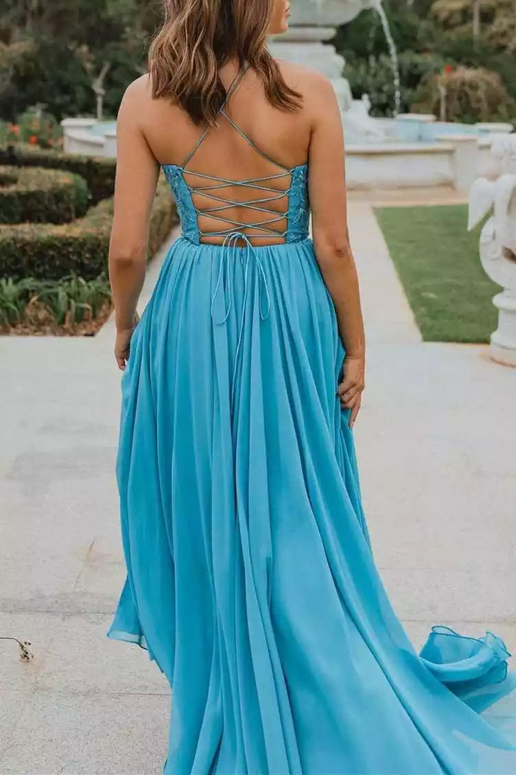 Breezy Turquoise Chiffon Gown with Lace Bodice & Crisscross Halter Back