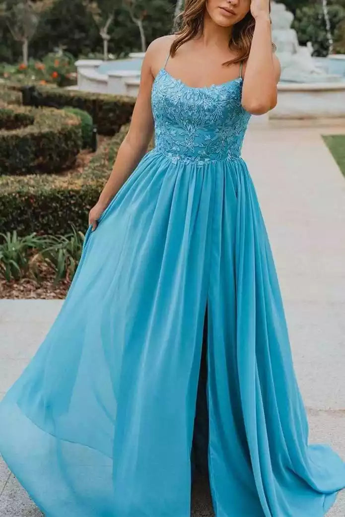 Breezy Turquoise Chiffon Gown with Lace Bodice & Crisscross Halter Back