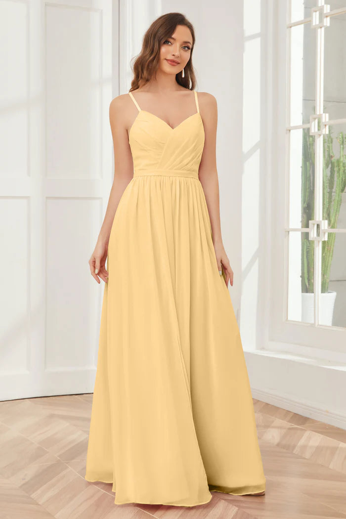 Bright A-Line Sweetheart Spaghetti-Strap Cross-Back Lemon Chiffon Floor-Length Bridesmaid Dresses