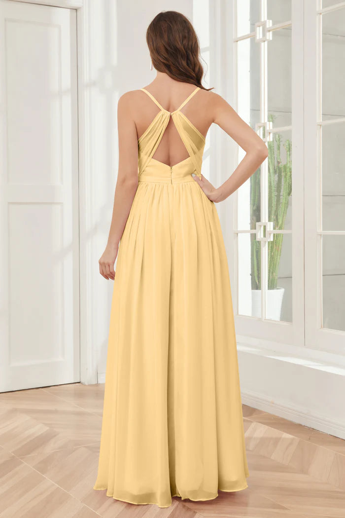 Bright A-Line Sweetheart Spaghetti-Strap Cross-Back Lemon Chiffon Floor-Length Bridesmaid Dresses
