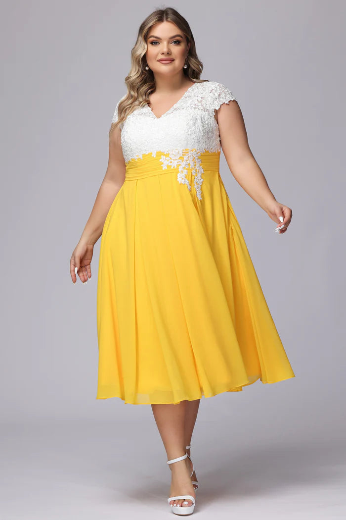 Plus Size Bright A-Line V-Neck Lace-Short-Sleeve Keyhole-Back Yellow Chiffon Midi-Length Bridesmaid Dresses