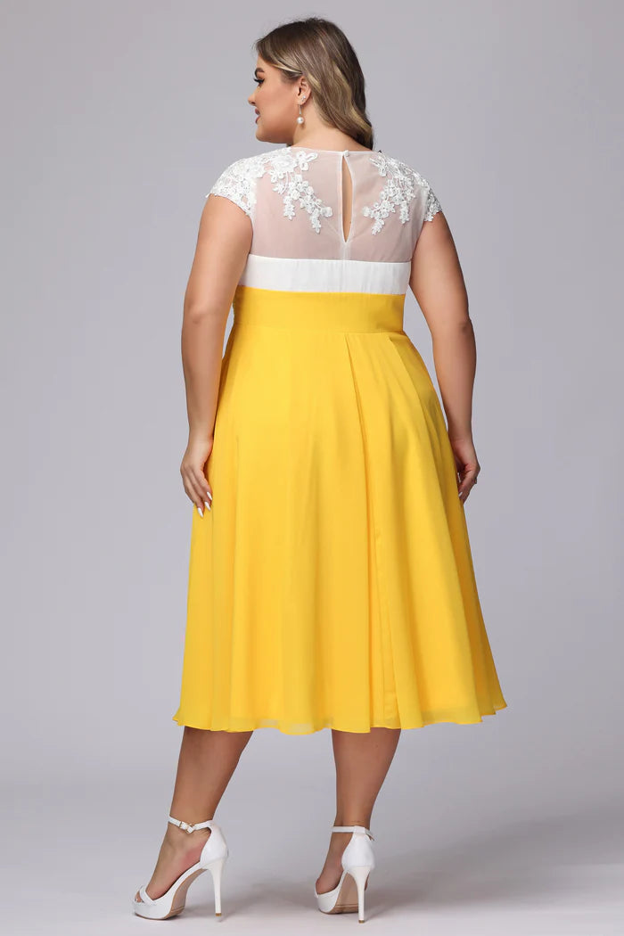 Plus Size Bright A-Line V-Neck Lace-Short-Sleeve Keyhole-Back Yellow Chiffon Midi-Length Bridesmaid Dresses