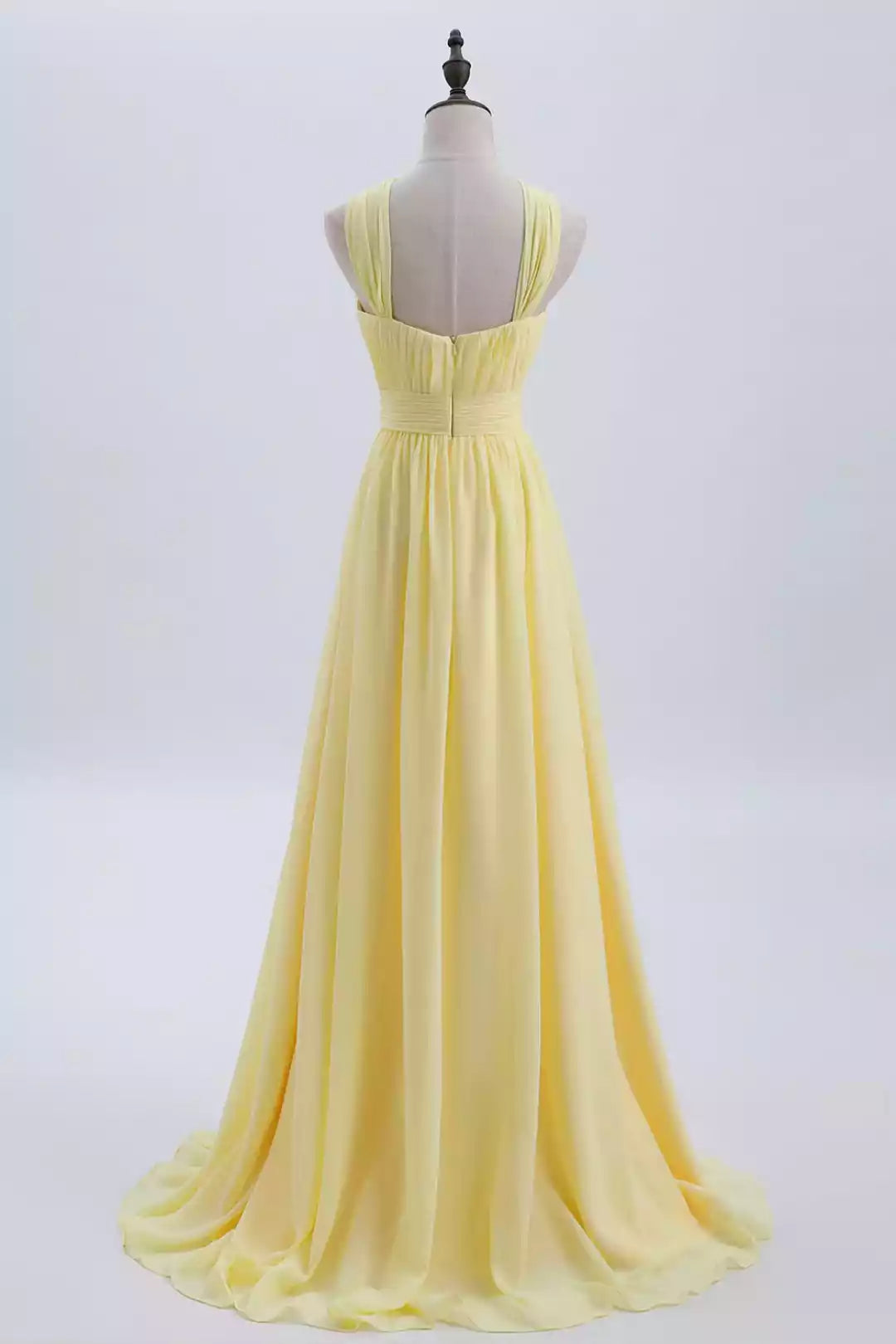 Bright Lemon Chiffon Gown with Cross-Halter Neckline & Ruched Bodice