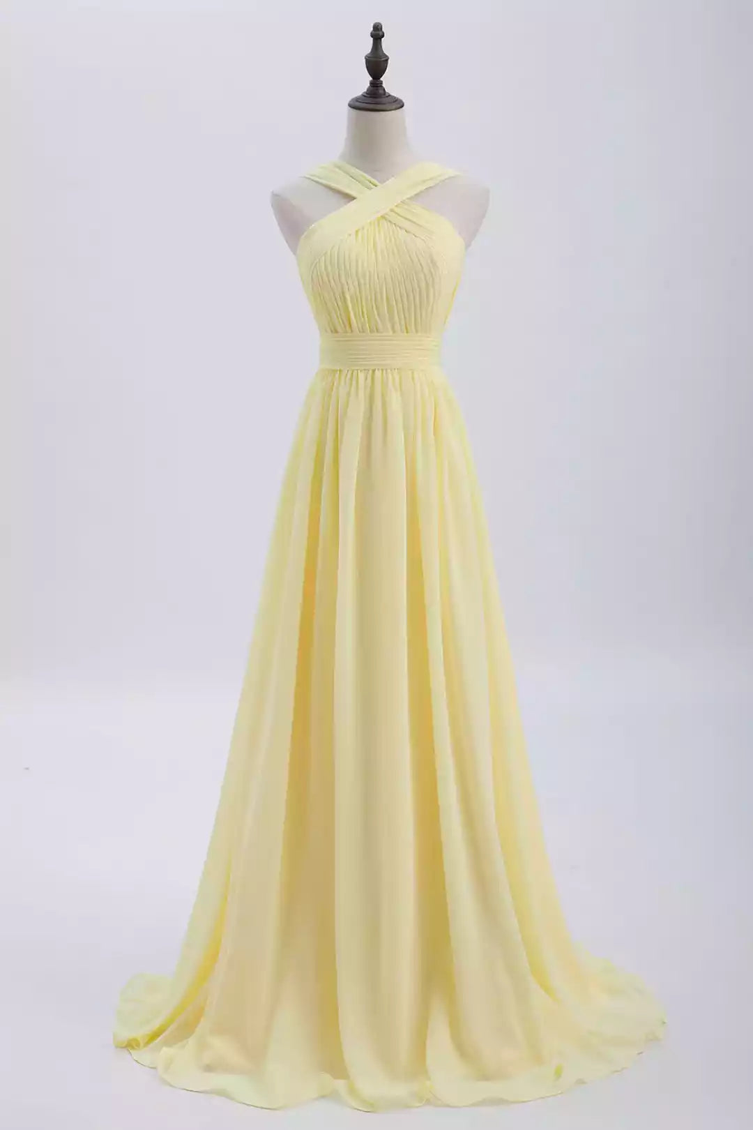 Bright Lemon Chiffon Gown with Cross-Halter Neckline & Ruched Bodice