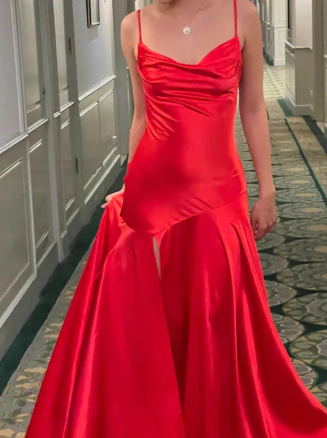 Bright Red Spaghetti Strap Sweetheart Open Back Satin Mermaid Maxi Gown with Slit & Train