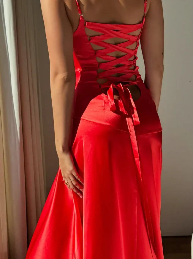 Bright Red Spaghetti Strap Sweetheart Open Back Satin Mermaid Maxi Gown with Slit & Train