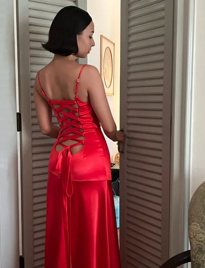Bright Red Spaghetti Strap Sweetheart Open Back Satin Mermaid Maxi Gown with Slit & Train