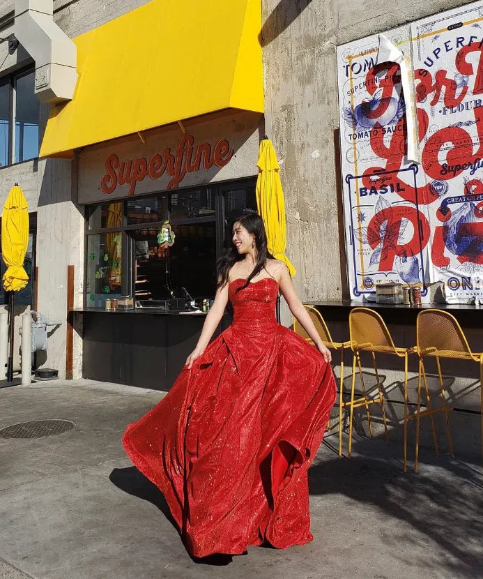 Bright Red Strapless Sweetheart Open Back Glitter Satin A-Line Prom Maxi Gown with Slit & Train