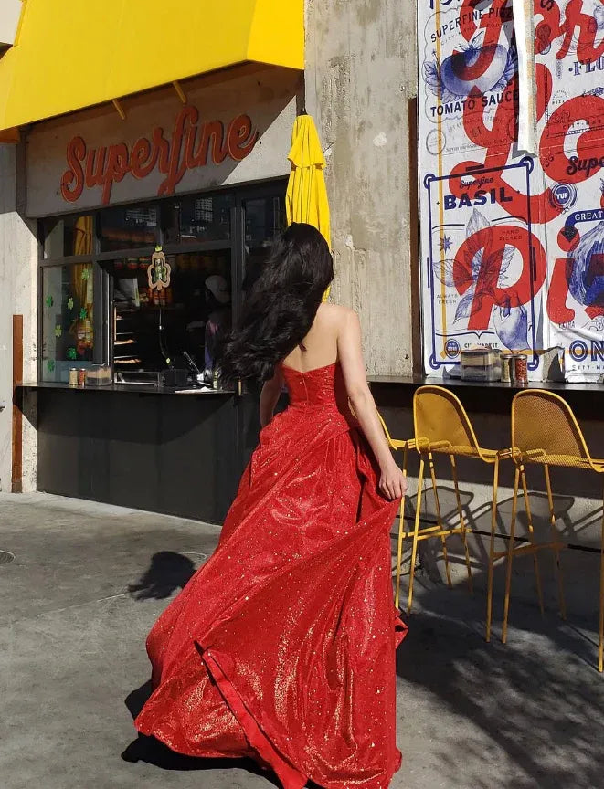 Bright Red Strapless Sweetheart Open Back Glitter Satin A-Line Prom Maxi Gown with Slit & Train