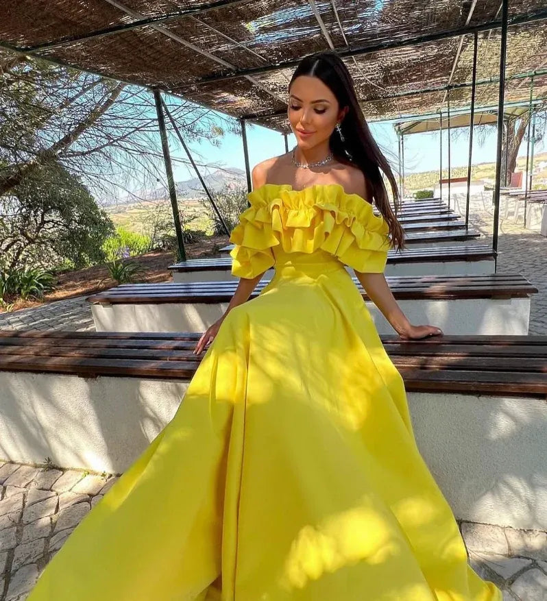 Bright Yellow Off-The-Shoulder Ruffled A-Line Maxi Gown with Train