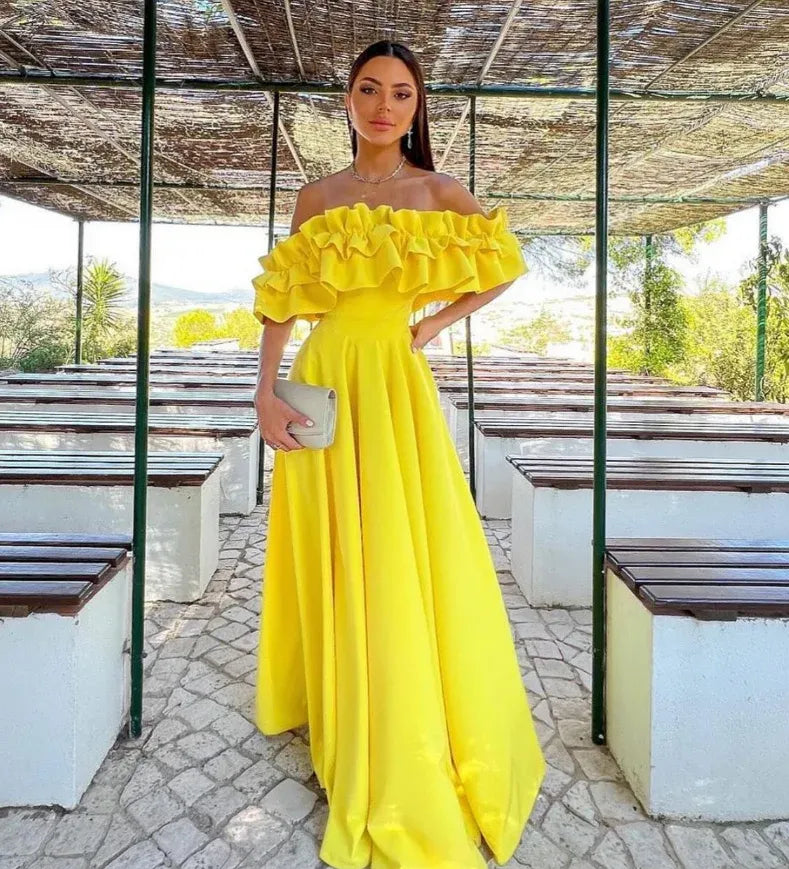 Bright Yellow Off-The-Shoulder Ruffled A-Line Maxi Gown with Train
