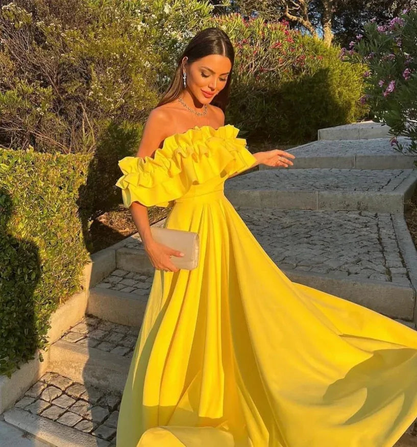Bright Yellow Off-The-Shoulder Ruffled A-Line Maxi Gown with Train
