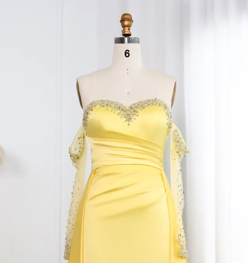Bright Yellow Satin Strapless Beaded Lace Mermaid Gown with Detachable Sleeves & Train