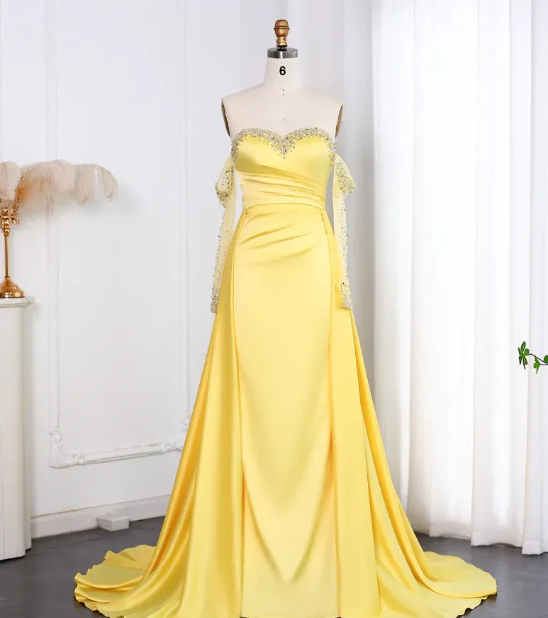 Bright Yellow Satin Strapless Beaded Lace Mermaid Gown with Detachable Sleeves & Train