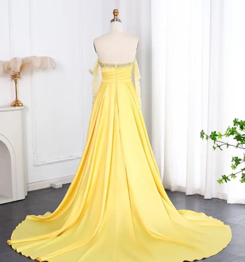 Bright Yellow Satin Strapless Beaded Lace Mermaid Gown with Detachable Sleeves & Train