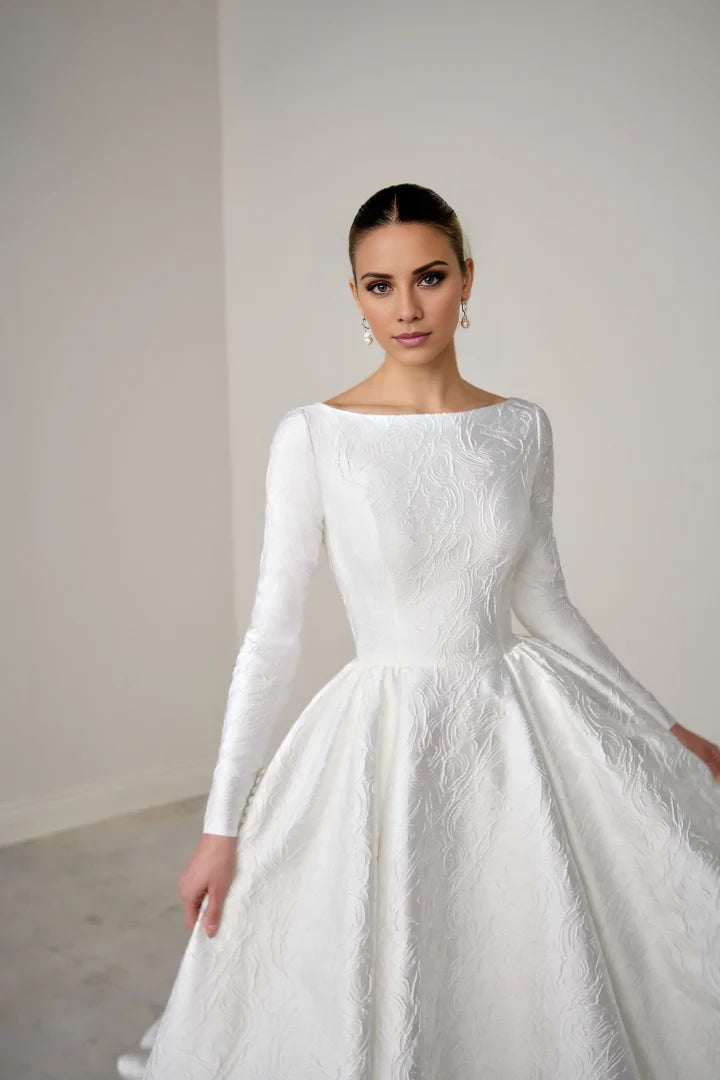 Brocade A-Line Gown with Sabrina Neckline Long Sleeves and Open Back Wedding Dresses