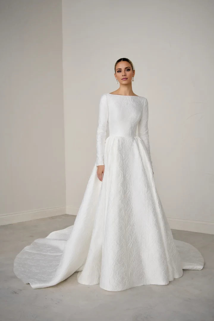 Brocade A-Line Gown with Sabrina Neckline Long Sleeves and Open Back Wedding Dresses