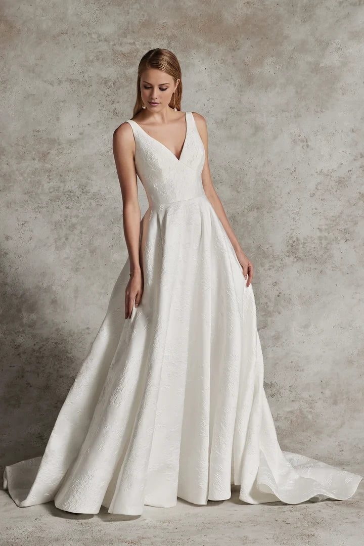 Brocade Ball Gown with Modest V-Neckline and Keyhole Back Wedding Dresses