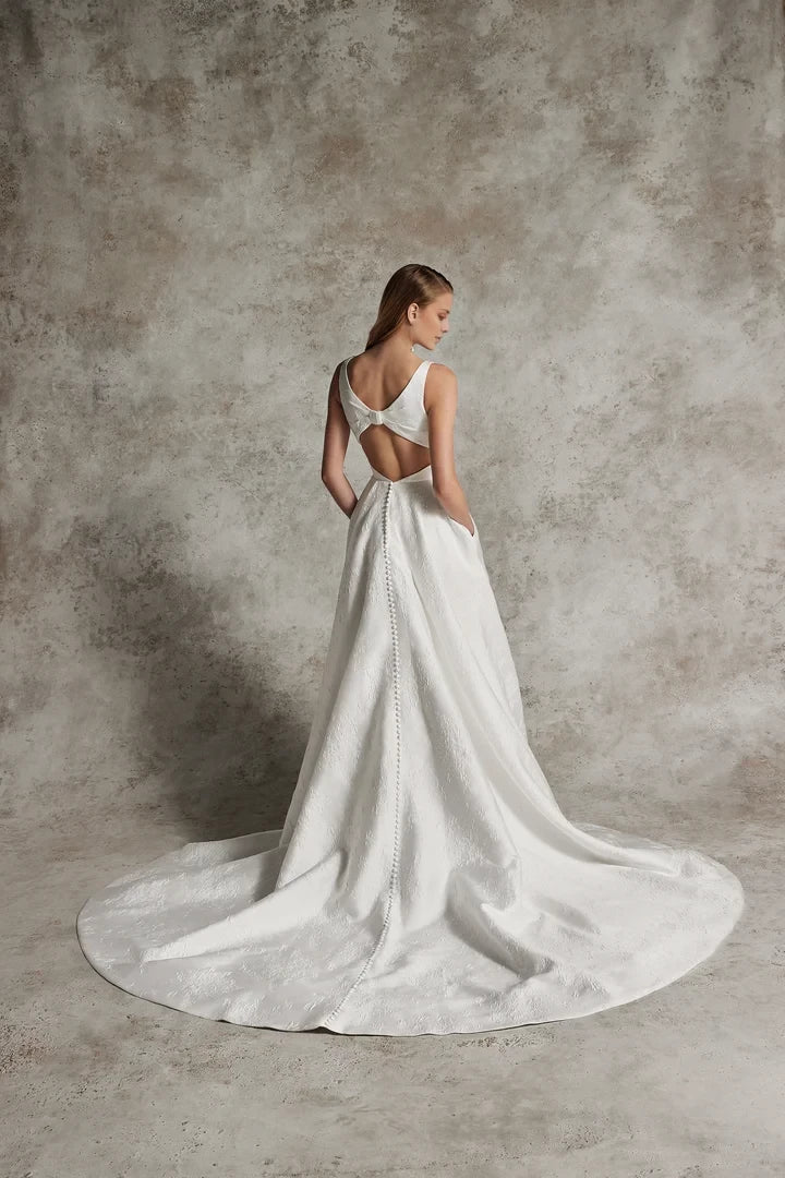 Brocade Ball Gown with Modest V-Neckline and Keyhole Back Wedding Dresses