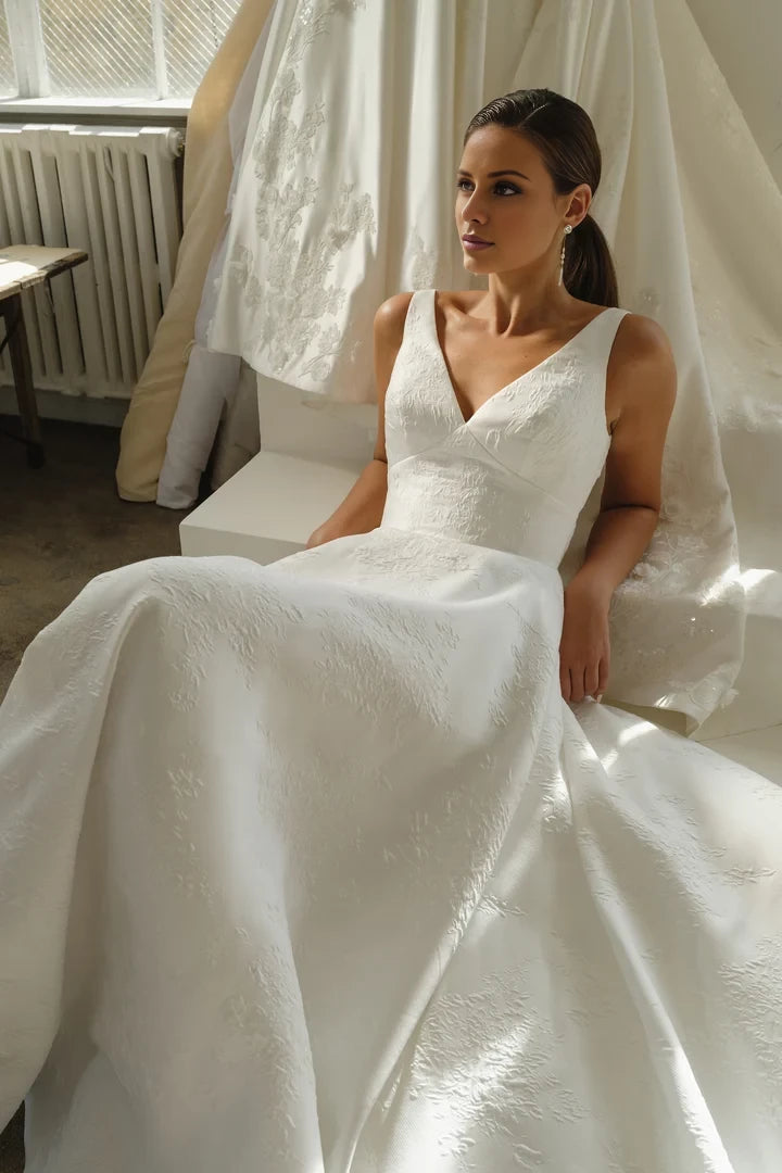 Brocade Ball Gown with Modest V-Neckline and Keyhole Back Wedding Dresses